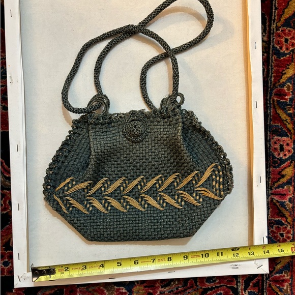 Vintage 1940s Woven Blue and Tan Purse - Picture 3 of 7